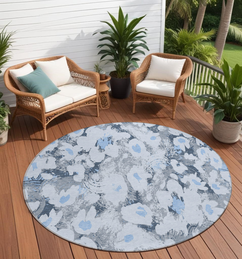 8' Round Denim Blue Round Floral Washable Non Skid Indoor Outdoor Area Rug-561710-1