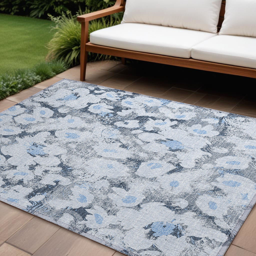 9' X 12' Denim Blue Floral Washable Non Skid Indoor Outdoor Area Rug-561712-1