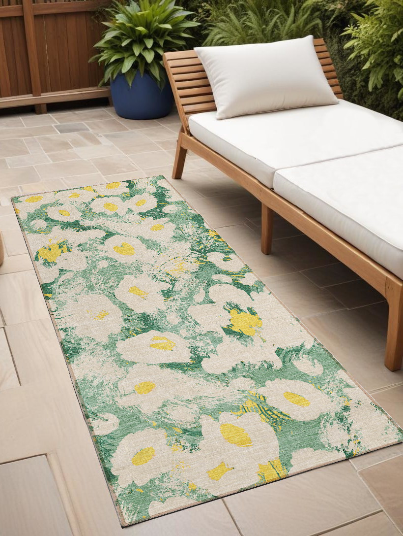 8' Runner Green Floral Washable Non Skid Indoor Outdoor Runner Rug-561715-1