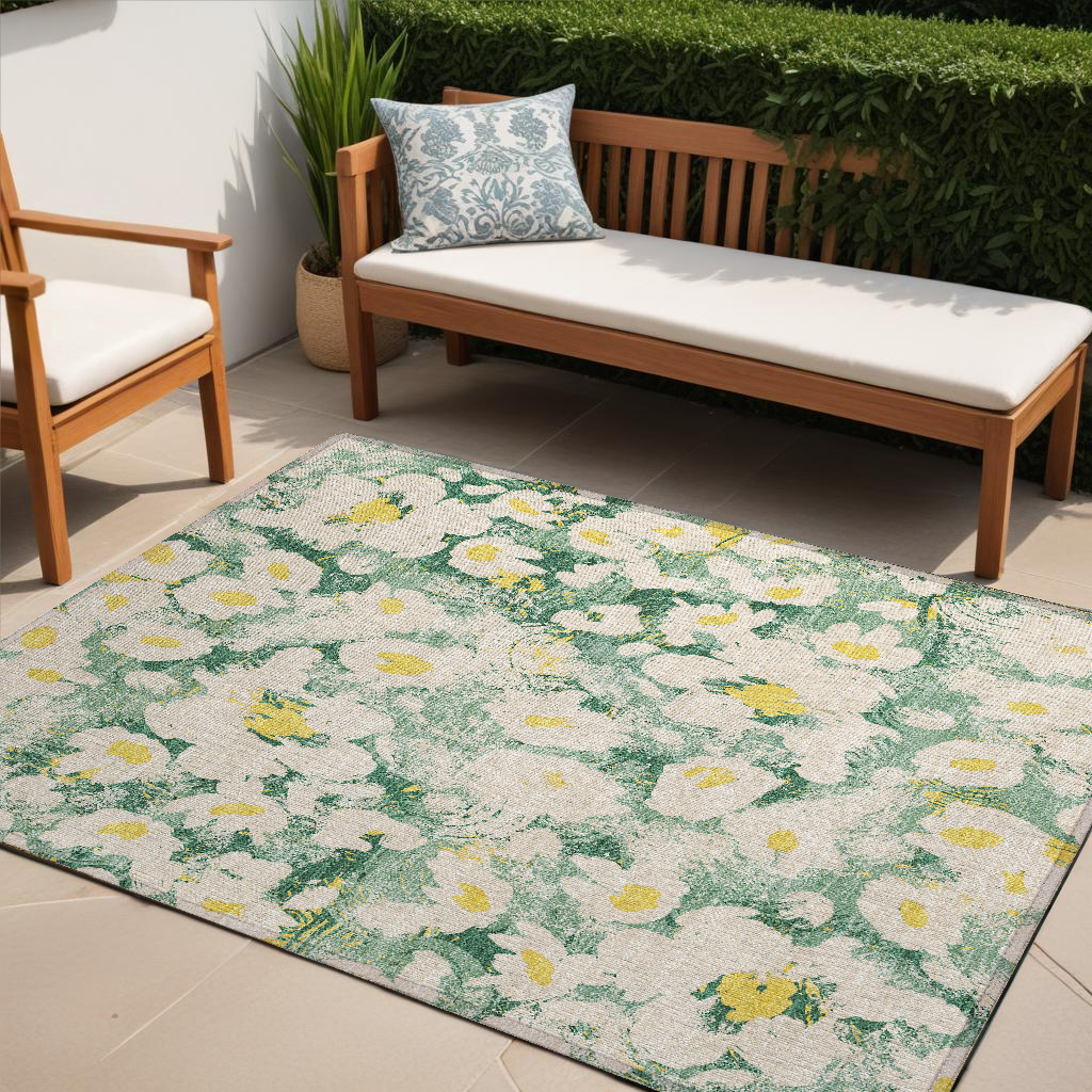 5' X 8' Green Floral Washable Non Skid Indoor Outdoor Area Rug-561718-1