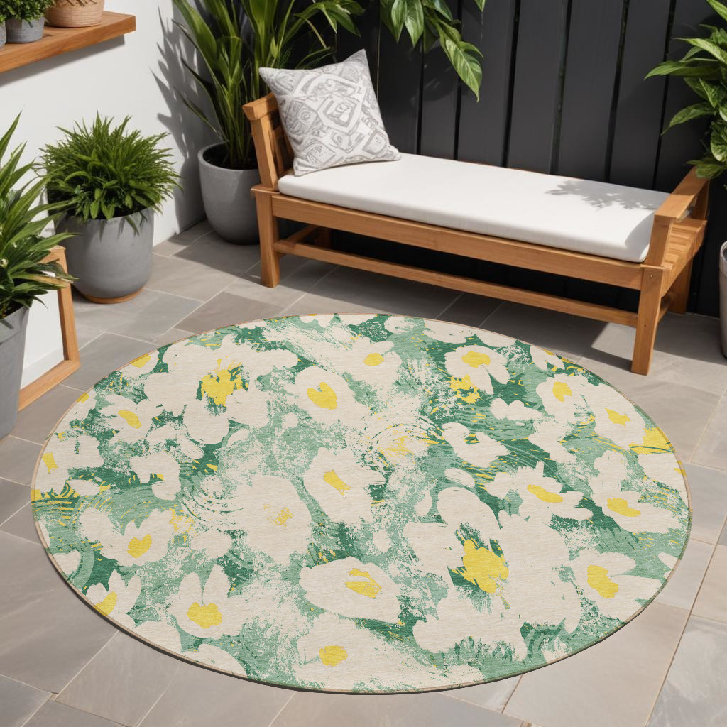 8' Round Green Round Floral Washable Non Skid Indoor Outdoor Area Rug-561719-1