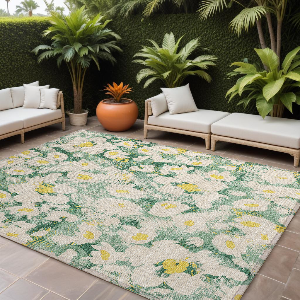 10' X 14' Green Floral Washable Non Skid Indoor Outdoor Area Rug-561722-1
