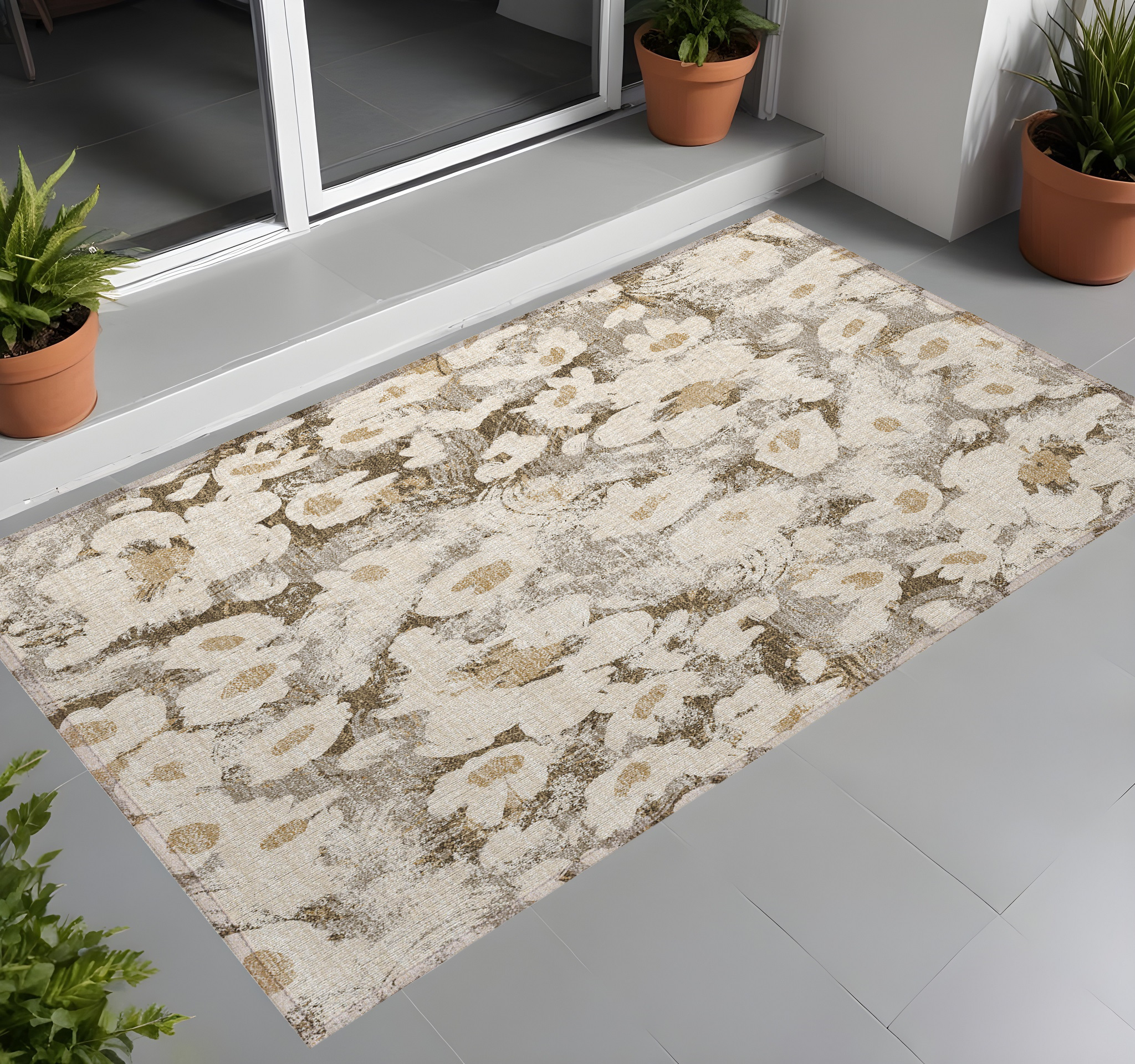 2' X 3' Khaki Floral Washable Non Skid Indoor Outdoor Area Rug-561723-1