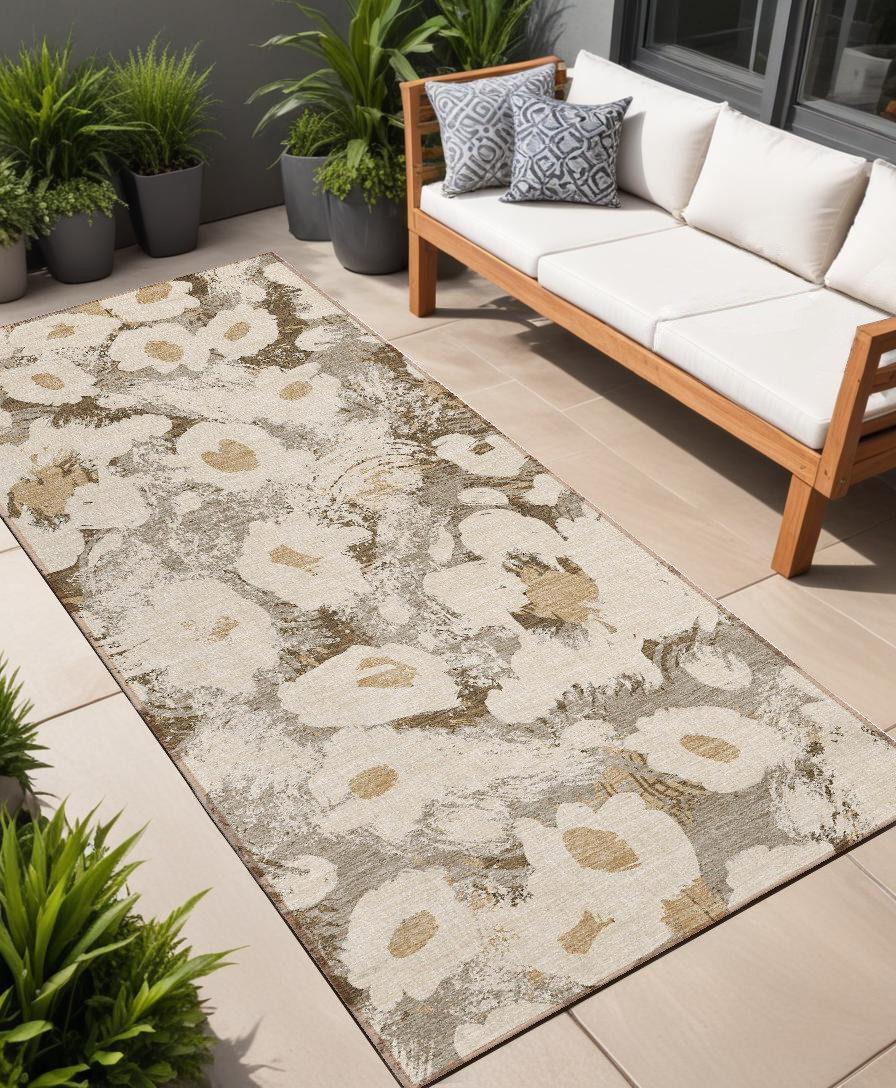 8' Runner Khaki Floral Washable Non Skid Indoor Outdoor Runner Rug-561724-1