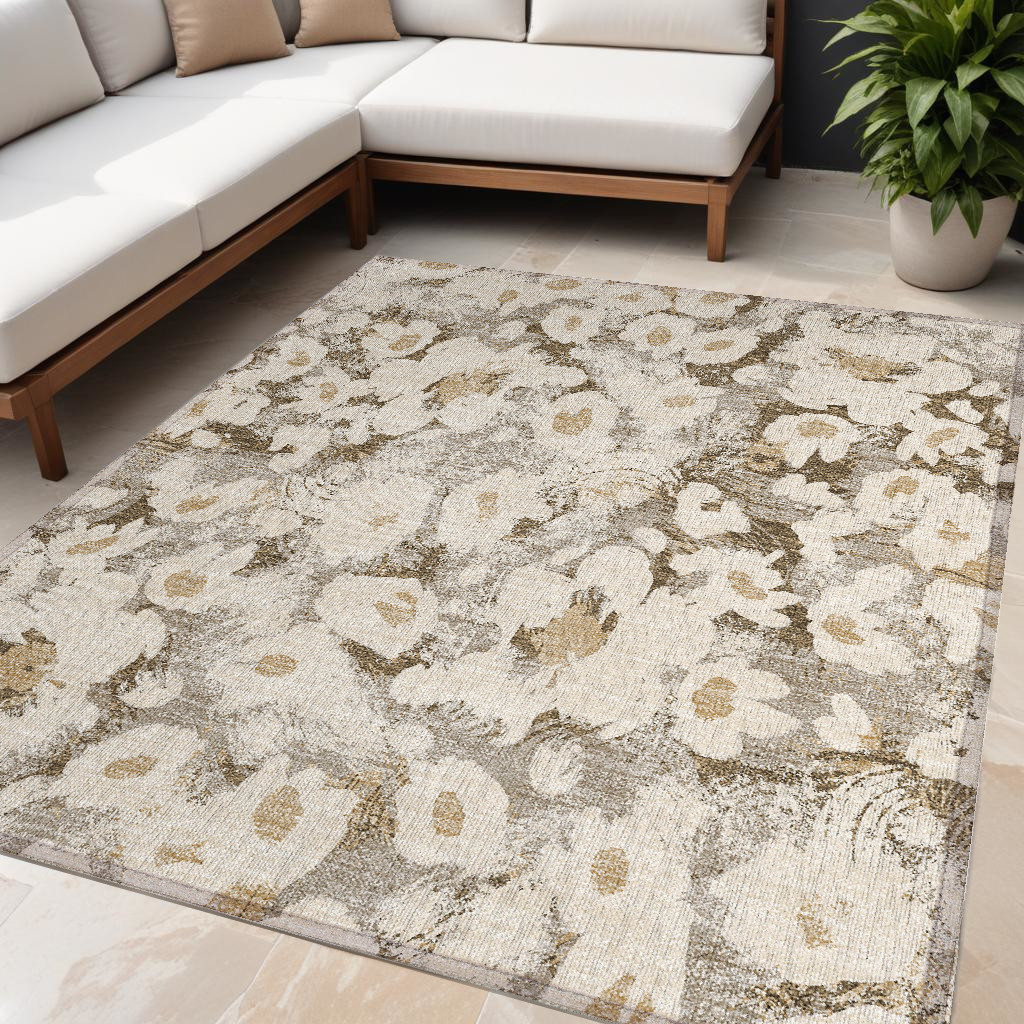 5' X 8' Khaki Floral Washable Non Skid Indoor Outdoor Area Rug-561727-1