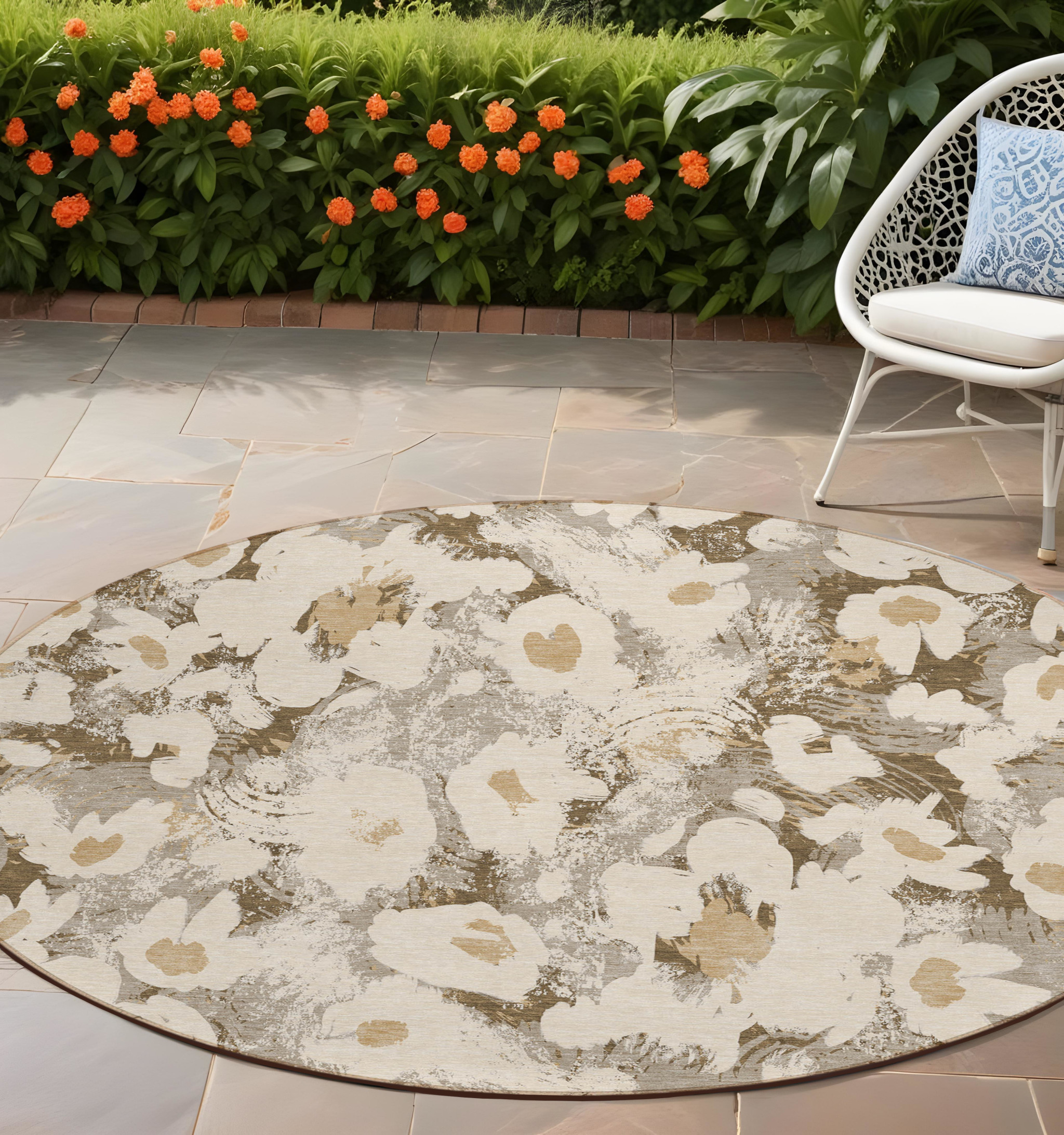 8' Round Khaki Round Floral Washable Non Skid Indoor Outdoor Area Rug-561728-1