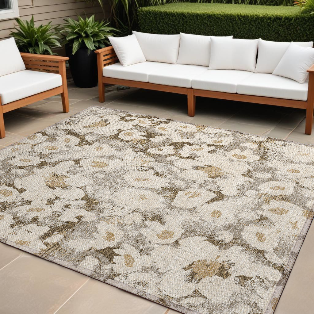 8' X 10' Khaki Floral Washable Non Skid Indoor Outdoor Area Rug-561729-1
