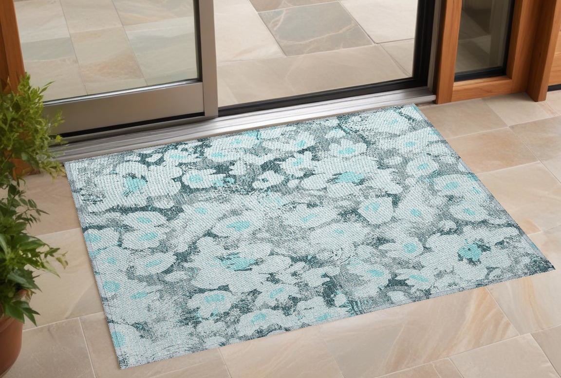 2' X 3' Teal Floral Washable Non Skid Indoor Outdoor Area Rug-561732-1