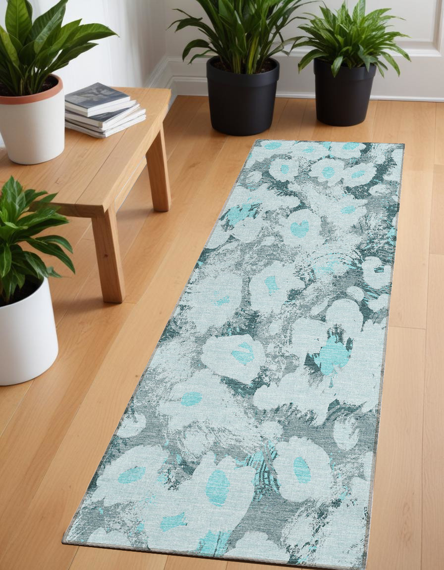 8' Runner Teal Floral Washable Non Skid Indoor Outdoor Runner Rug-561733-1