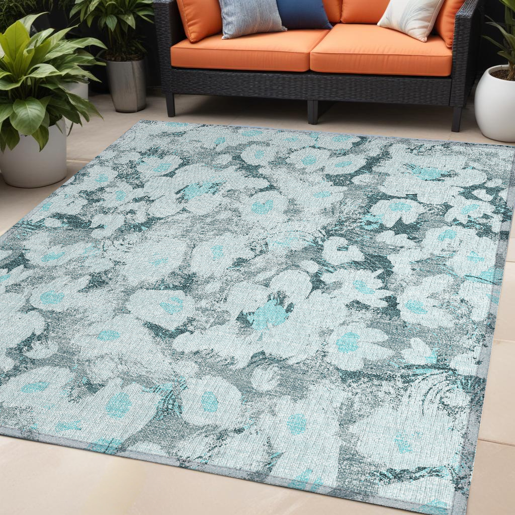 5' X 8' Teal Floral Washable Non Skid Indoor Outdoor Area Rug-561736-1