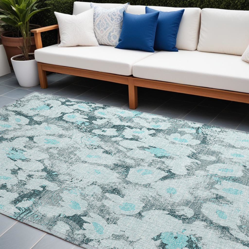 8' X 10' Teal Floral Washable Non Skid Indoor Outdoor Area Rug-561738-1