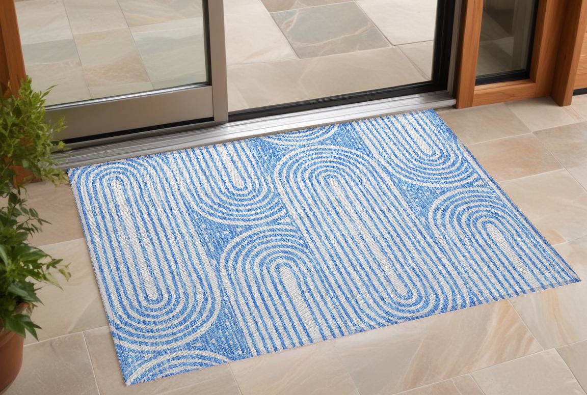 2' X 3' Blue and White Abstract Washable Non Skid Indoor Outdoor Area Rug-561813-1