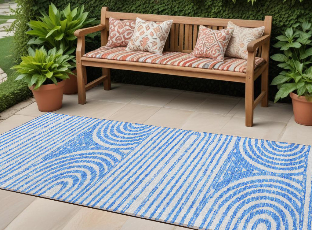 8' Runner Blue and White Abstract Washable Non Skid Indoor Outdoor Runner Rug-561814-1