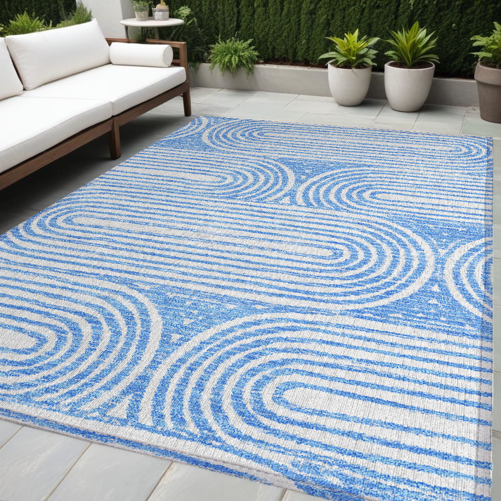 5' X 8' Blue and White Abstract Washable Non Skid Indoor Outdoor Area Rug-561817-1