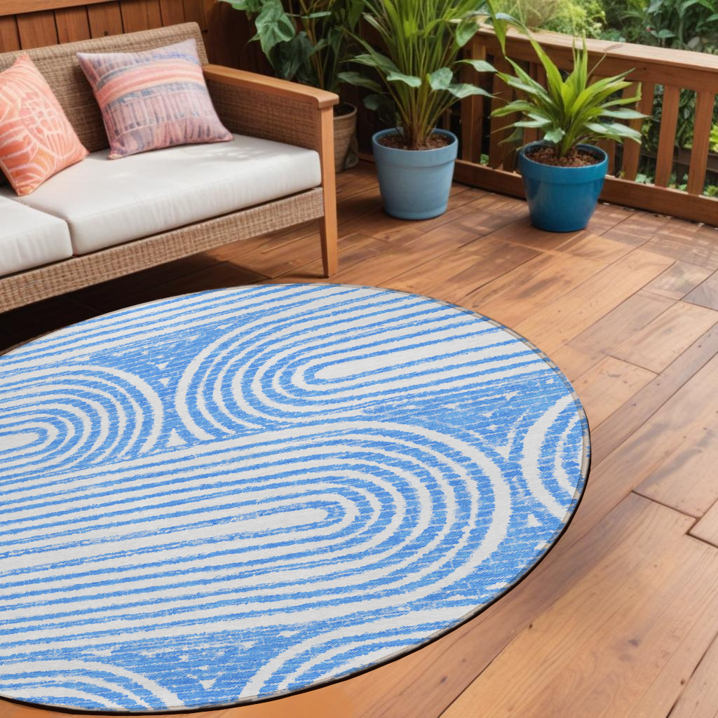 8' Round Blue and White Round Abstract Washable Non Skid Indoor Outdoor Area Rug-561818-1