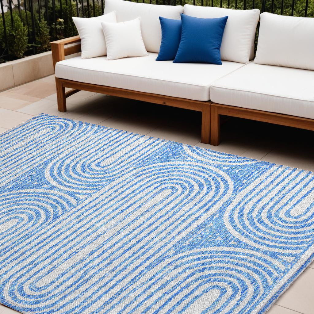 8' X 10' Blue and White Abstract Washable Non Skid Indoor Outdoor Area Rug-561819-1