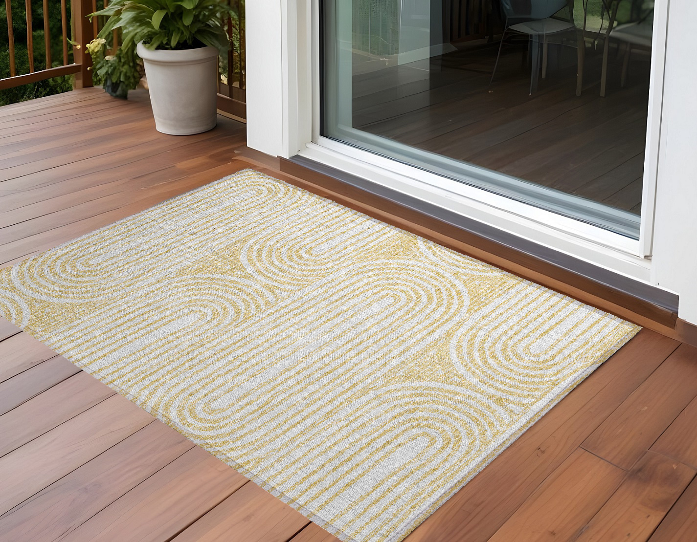 2' X 3' Gold and White Abstract Washable Non Skid Indoor Outdoor Area Rug-561831-1