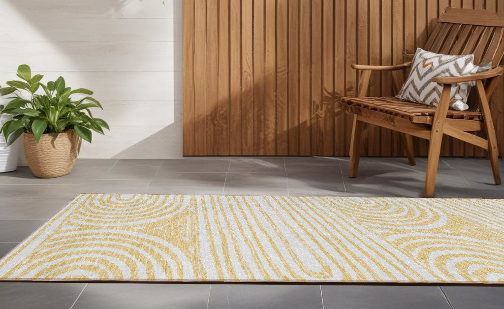 8' Runner Gold and White Abstract Washable Non Skid Indoor Outdoor Runner Rug-561832-1