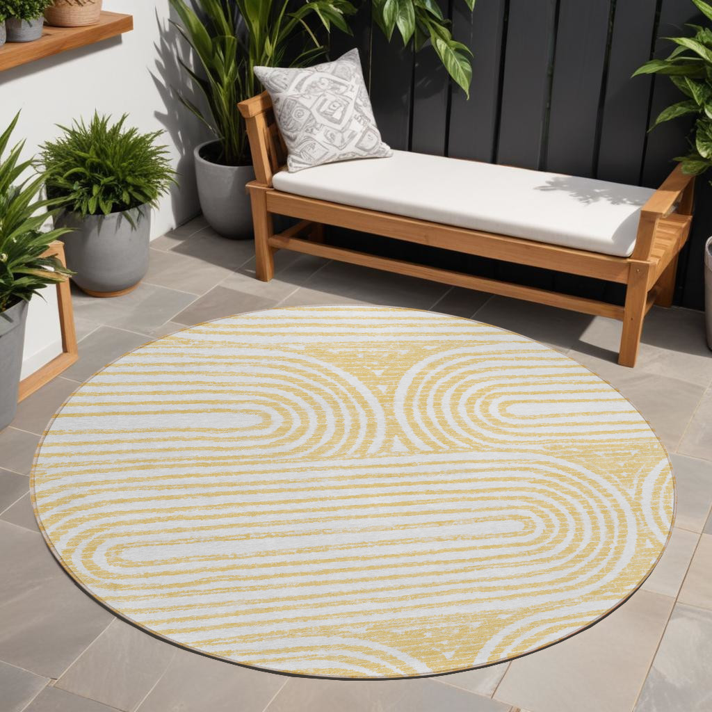 8' Round Gold and White Round Abstract Washable Non Skid Indoor Outdoor Area Rug-561836-1