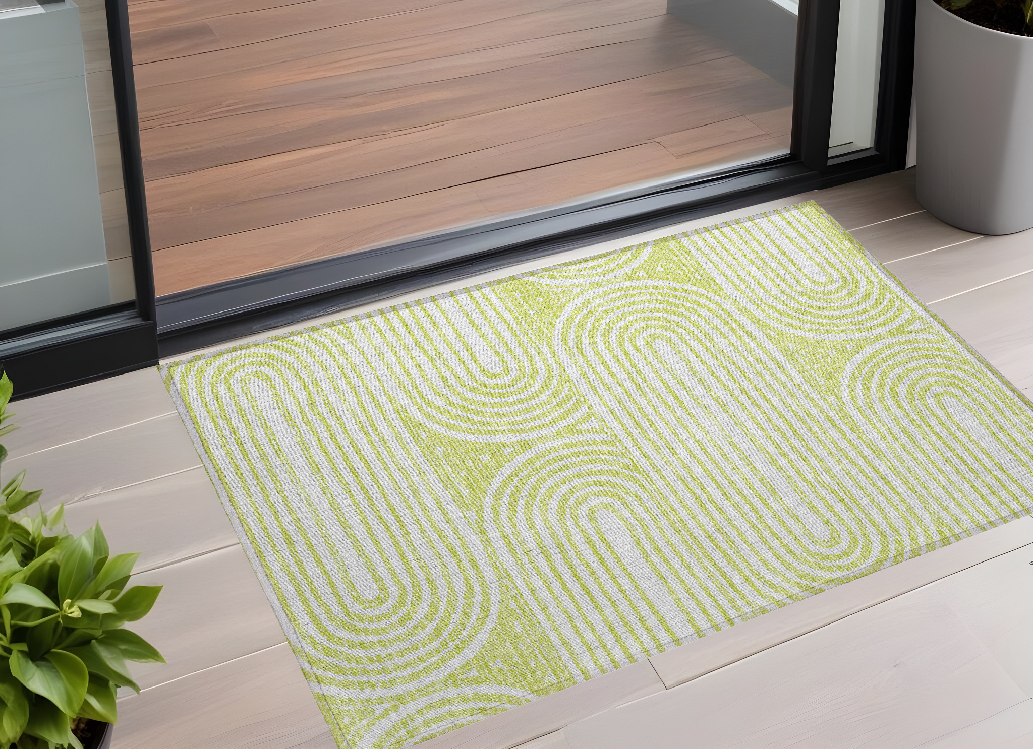2' X 3' Green and White Abstract Washable Non Skid Indoor Outdoor Area Rug-561840-1