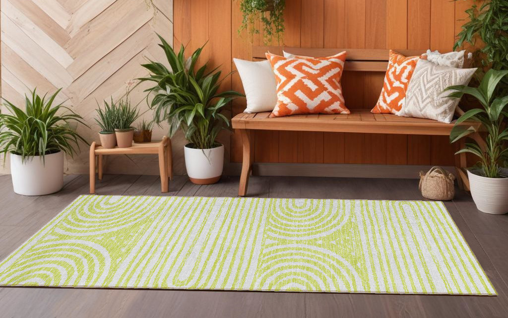 8' Runner Green and White Abstract Washable Non Skid Indoor Outdoor Runner Rug-561841-1