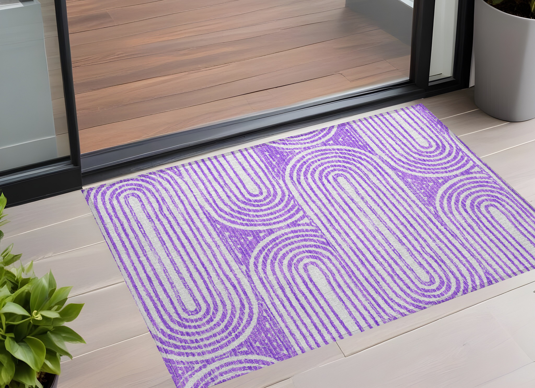 2' X 3' Purple and White Abstract Washable Non Skid Indoor Outdoor Area Rug-561849-1