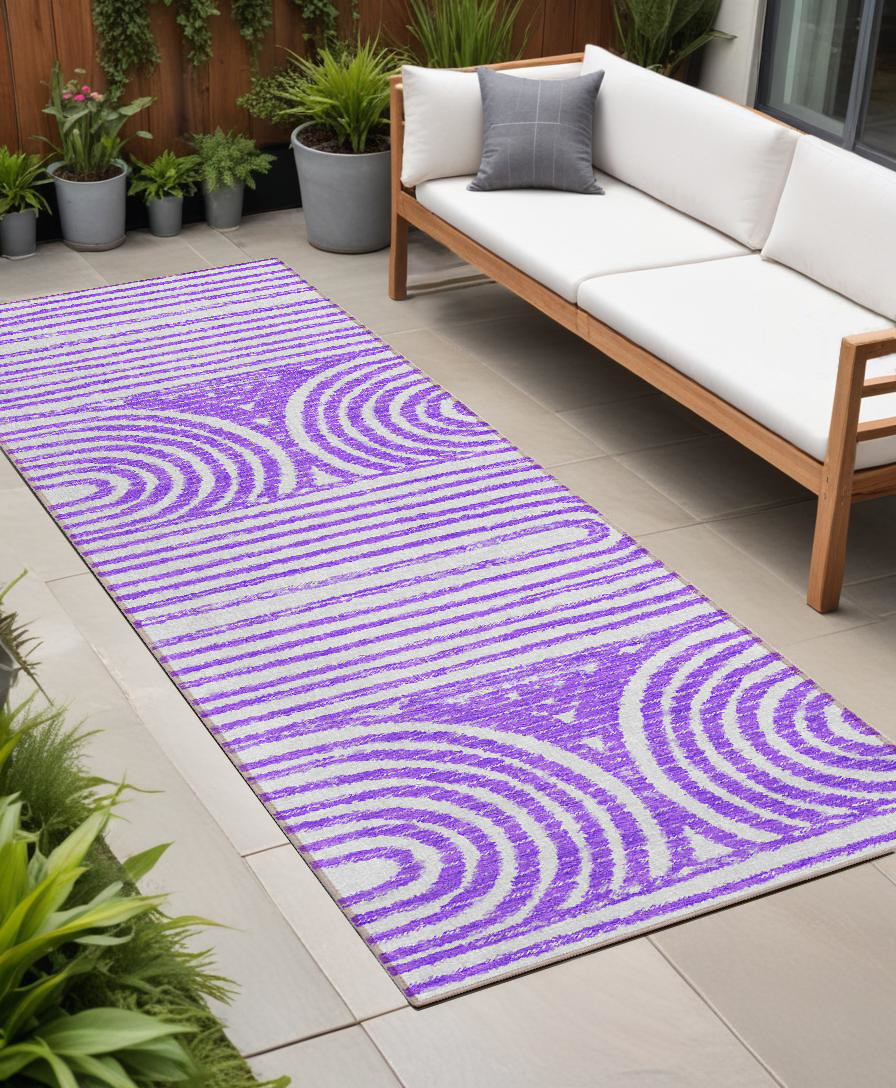 8' Runner Purple and White Abstract Washable Non Skid Indoor Outdoor Runner Rug-561850-1