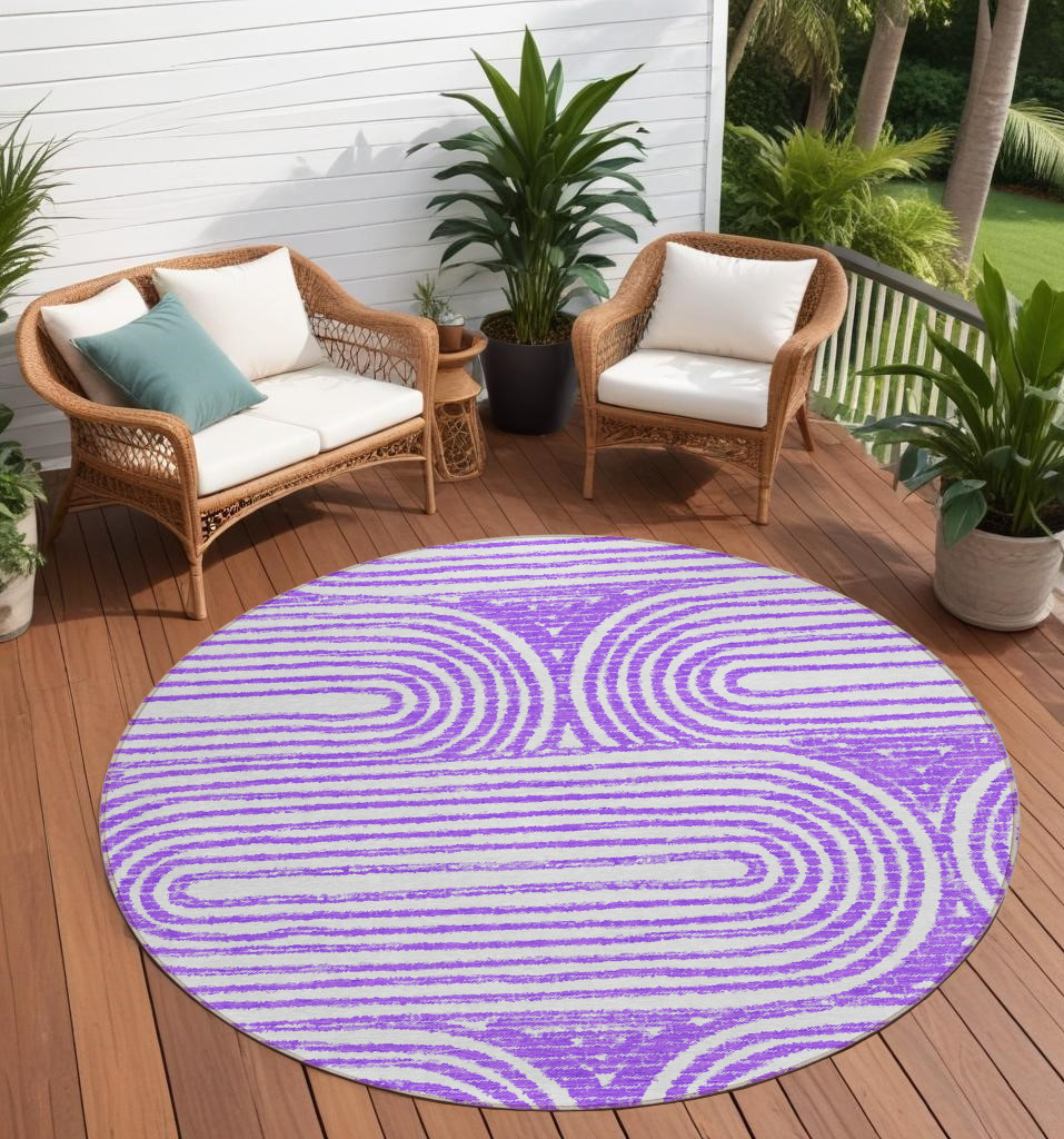 8' Purple And White Round Abstract Washable Indoor Outdoor Area Rug-561854-1