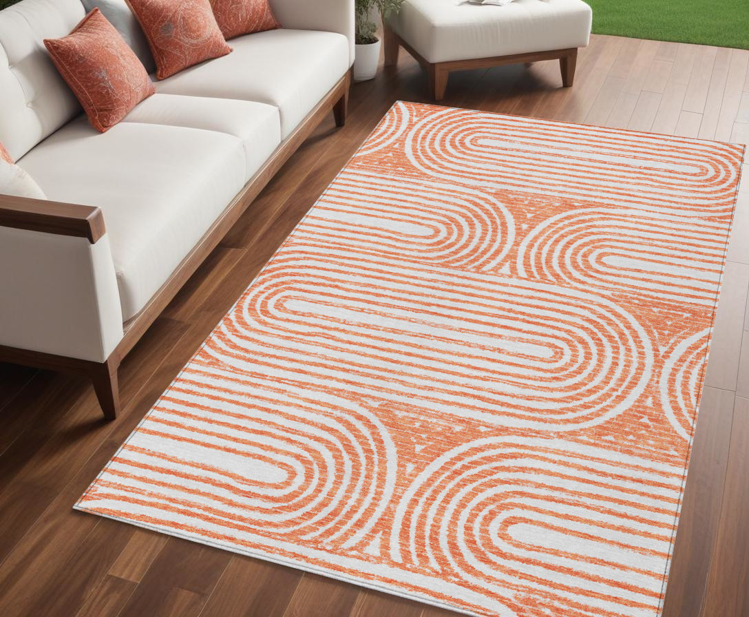 5' X 8' Orange and Ivory Abstract Washable Non Skid Indoor Outdoor Area Rug-561862-1