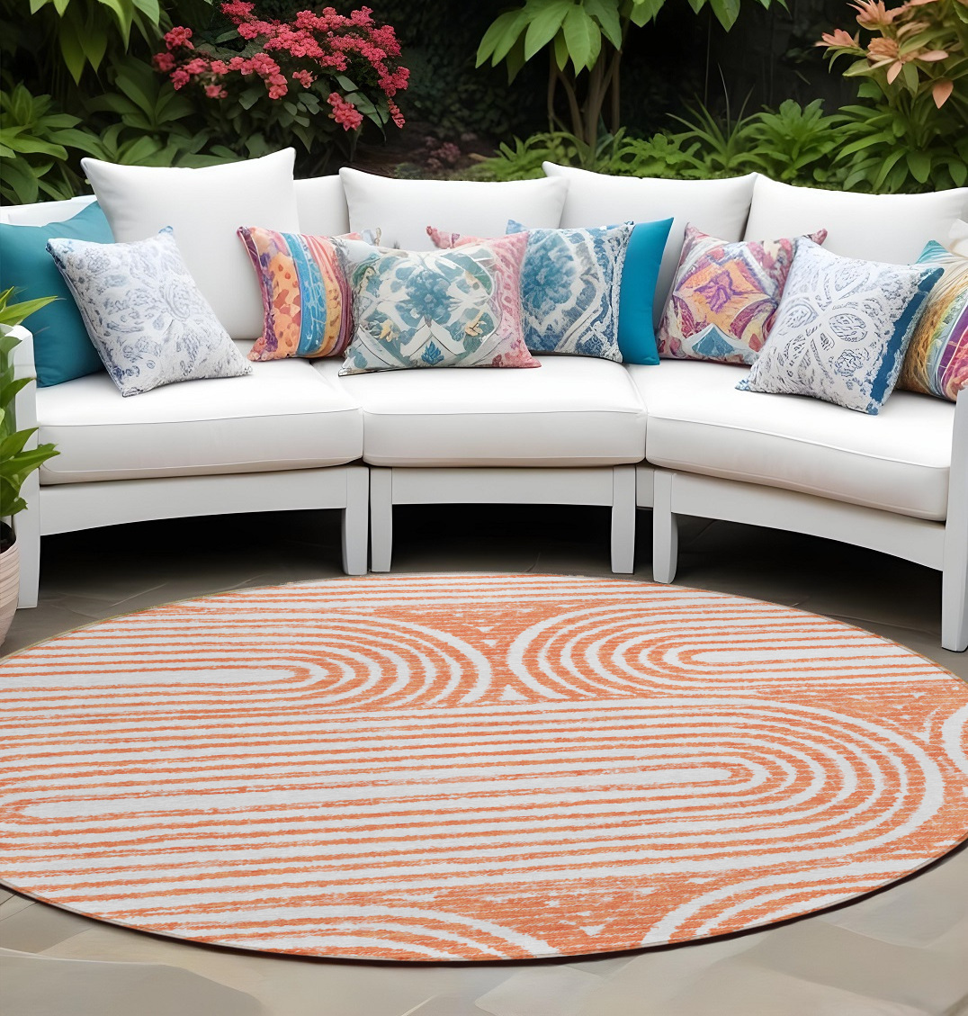 8' X 8' Orange and Ivory Round Abstract Washable Non Skid Indoor Outdoor Area Rug-561863-1