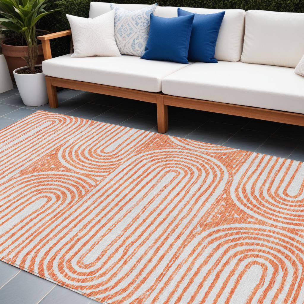 10' X 14' Orange and Ivory Abstract Washable Non Skid Indoor Outdoor Area Rug-561866-1