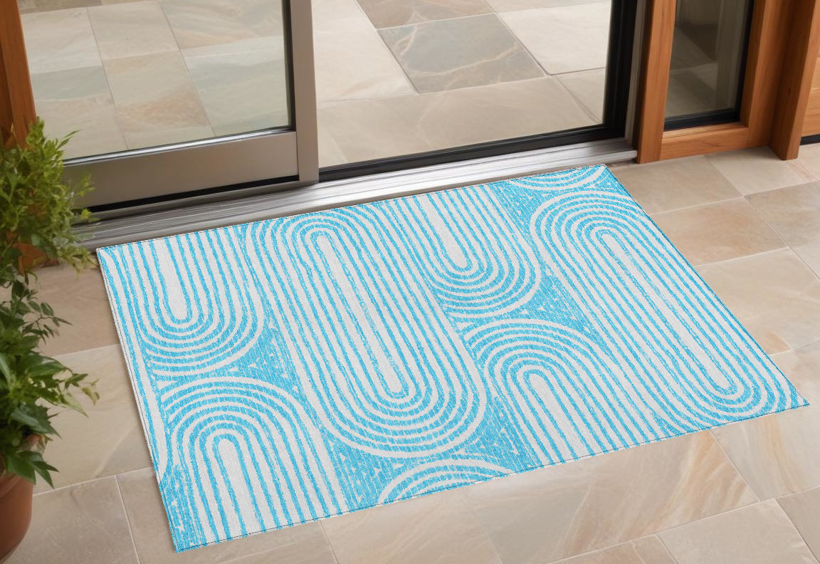 2' X 3' Teal and White Abstract Washable Non Skid Indoor Outdoor Area Rug-561867-1