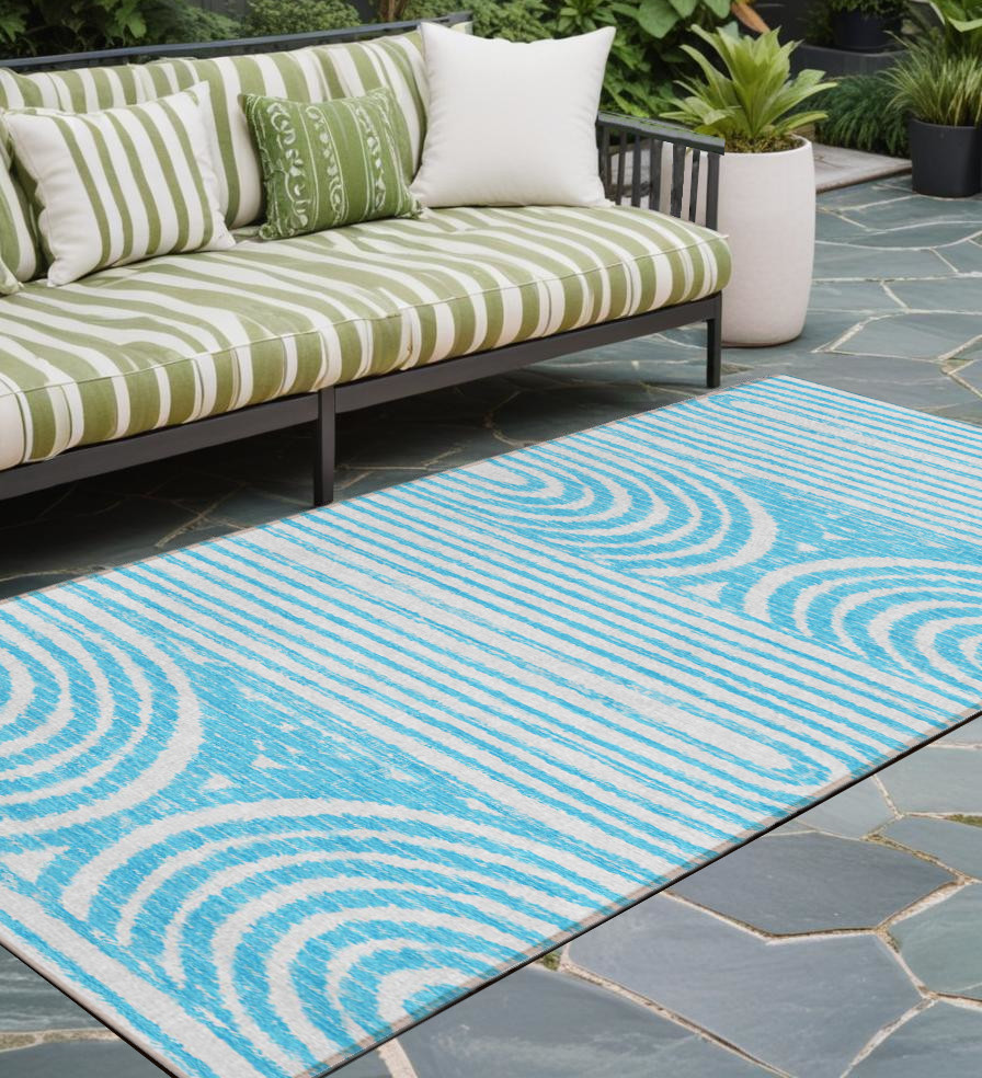 2' X 8' Teal and White Abstract Washable Non Skid Indoor Outdoor Area Rug-561868-1