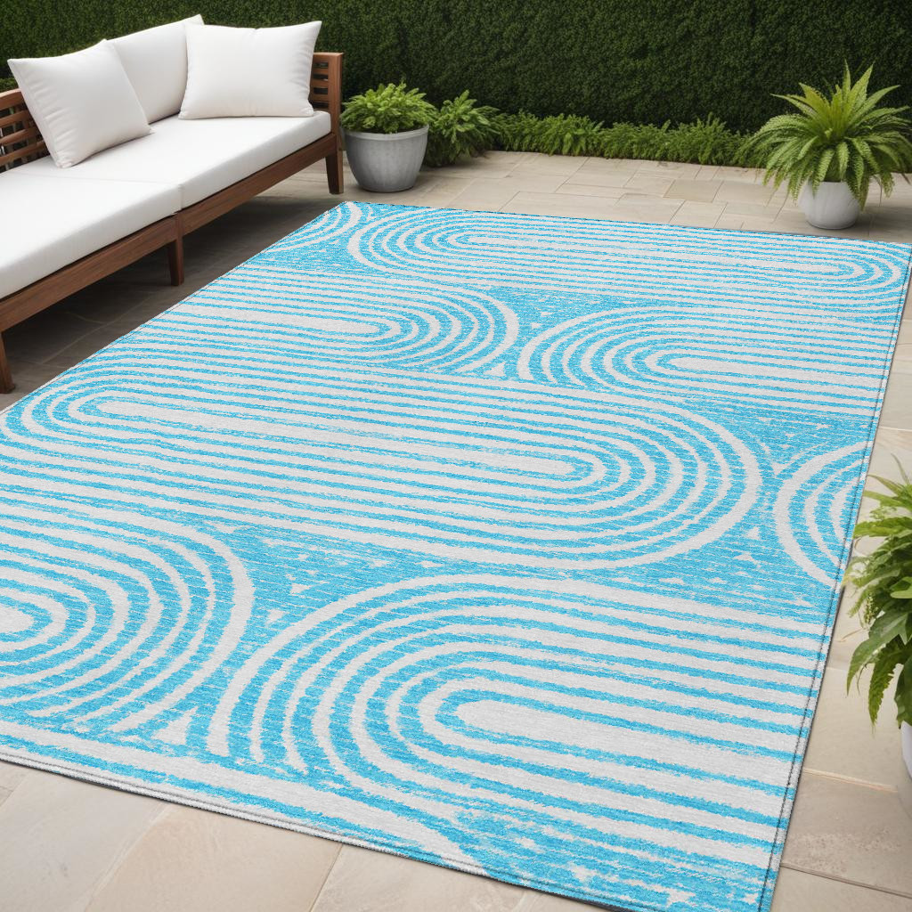 5' X 8' Teal Abstract Washable Non Skid Indoor Outdoor Area Rug-561871-1