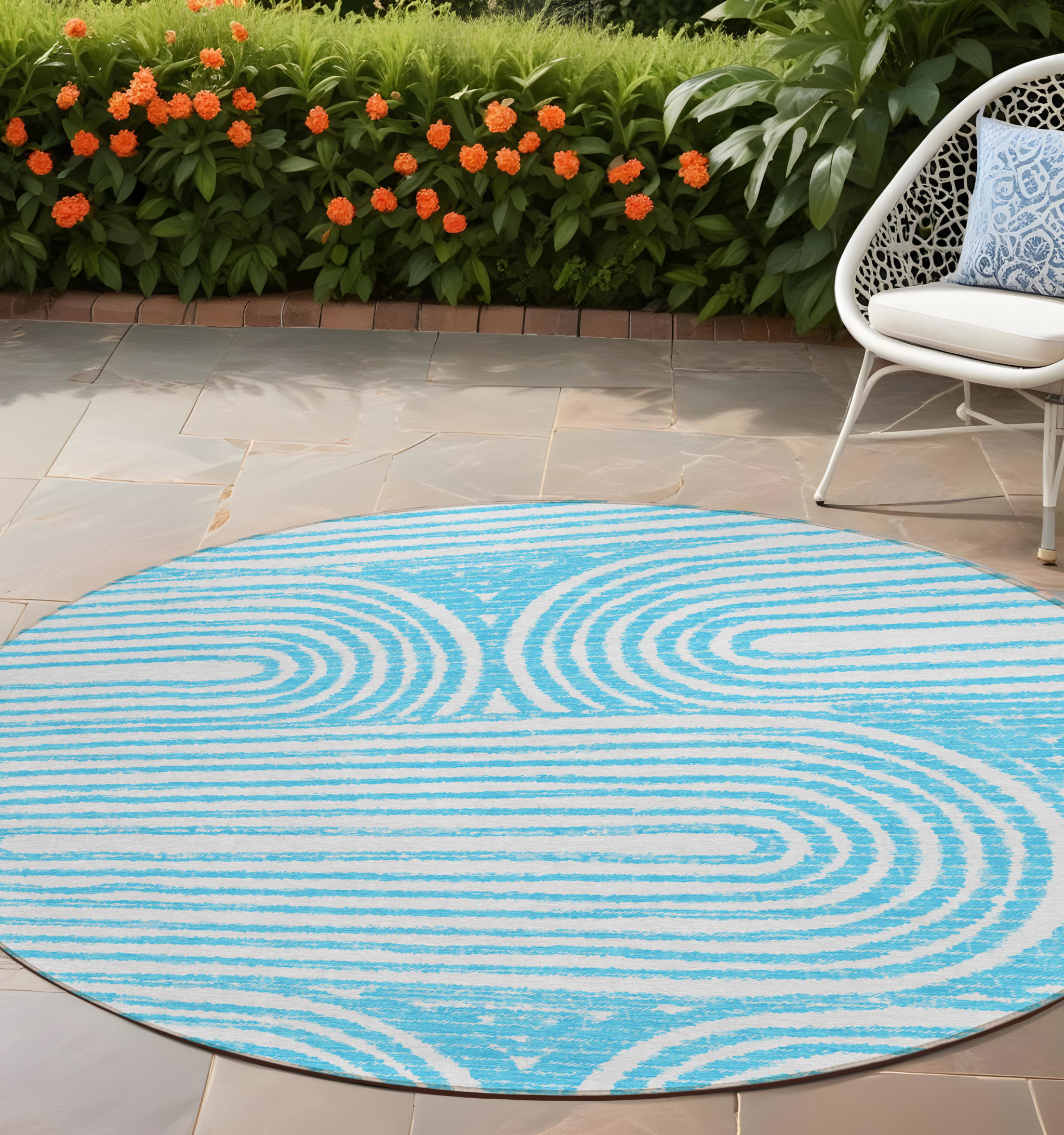 8' Round Teal Round Abstract Washable Non Skid Indoor Outdoor Area Rug-561872-1