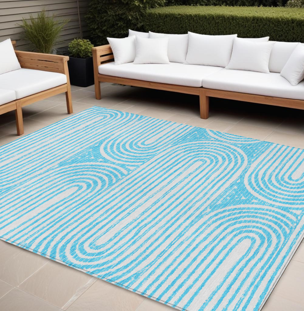 10' X 14' Teal and White Abstract Washable Non Skid Indoor Outdoor Area Rug-561875-1