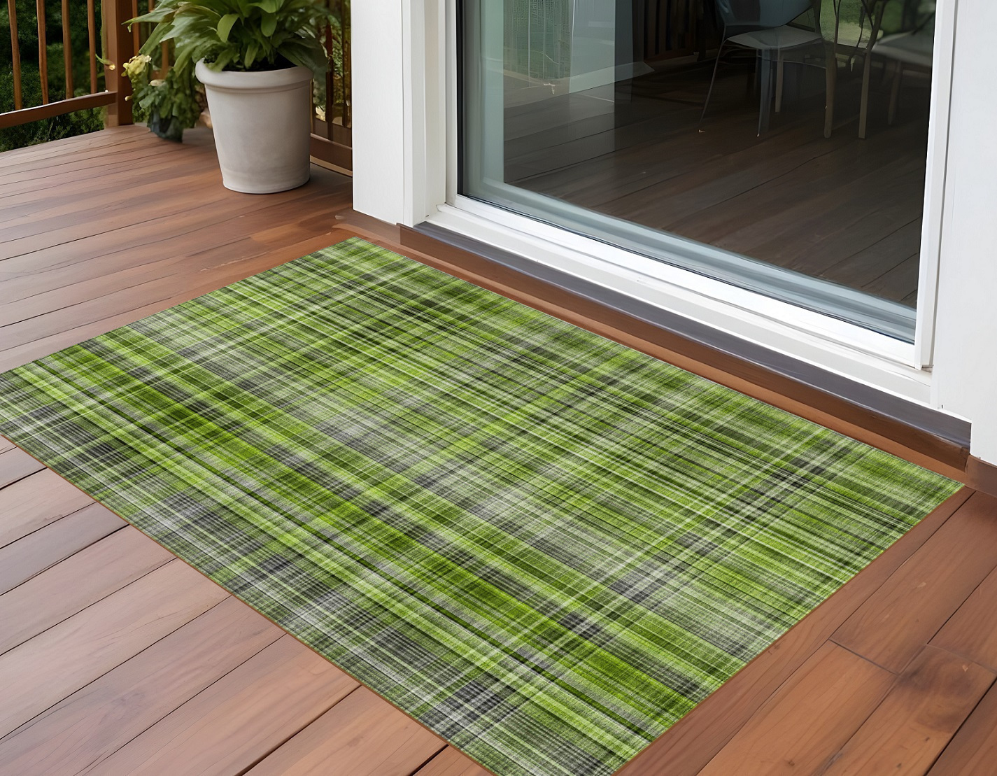 2' X 3' Green Black and Gray Plaid Washable Non Skid Indoor Outdoor Area Rug-561876-1