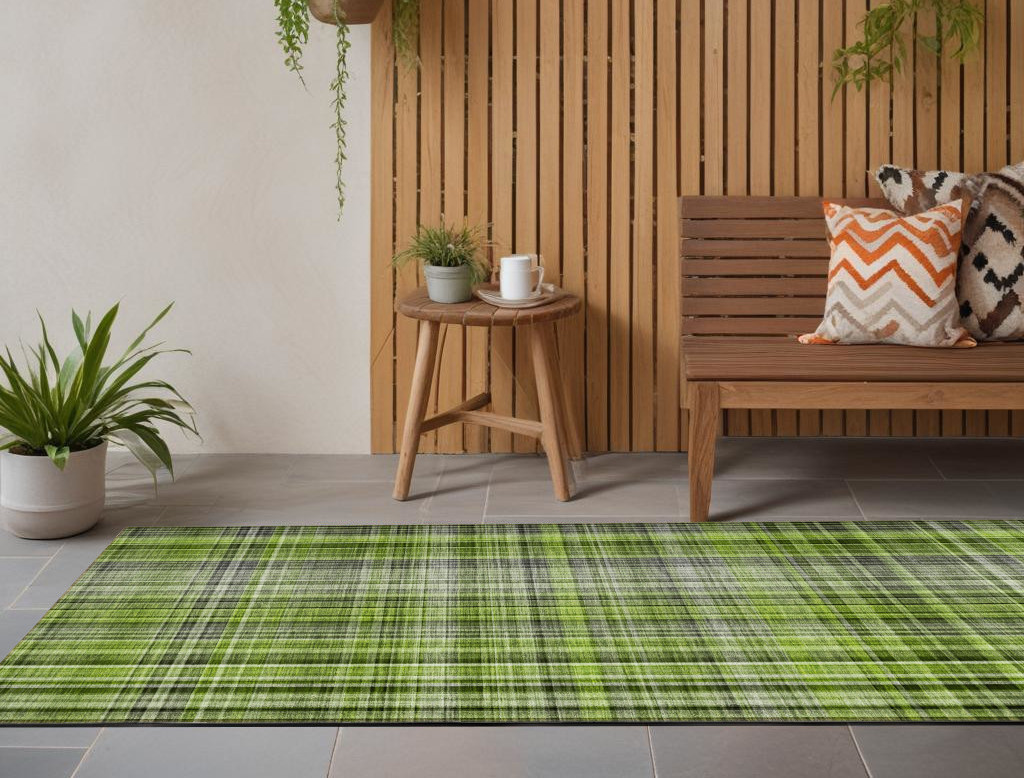 2' X 8' Green Black and Gray Plaid Washable Non Skid Indoor Outdoor Area Rug-561877-1