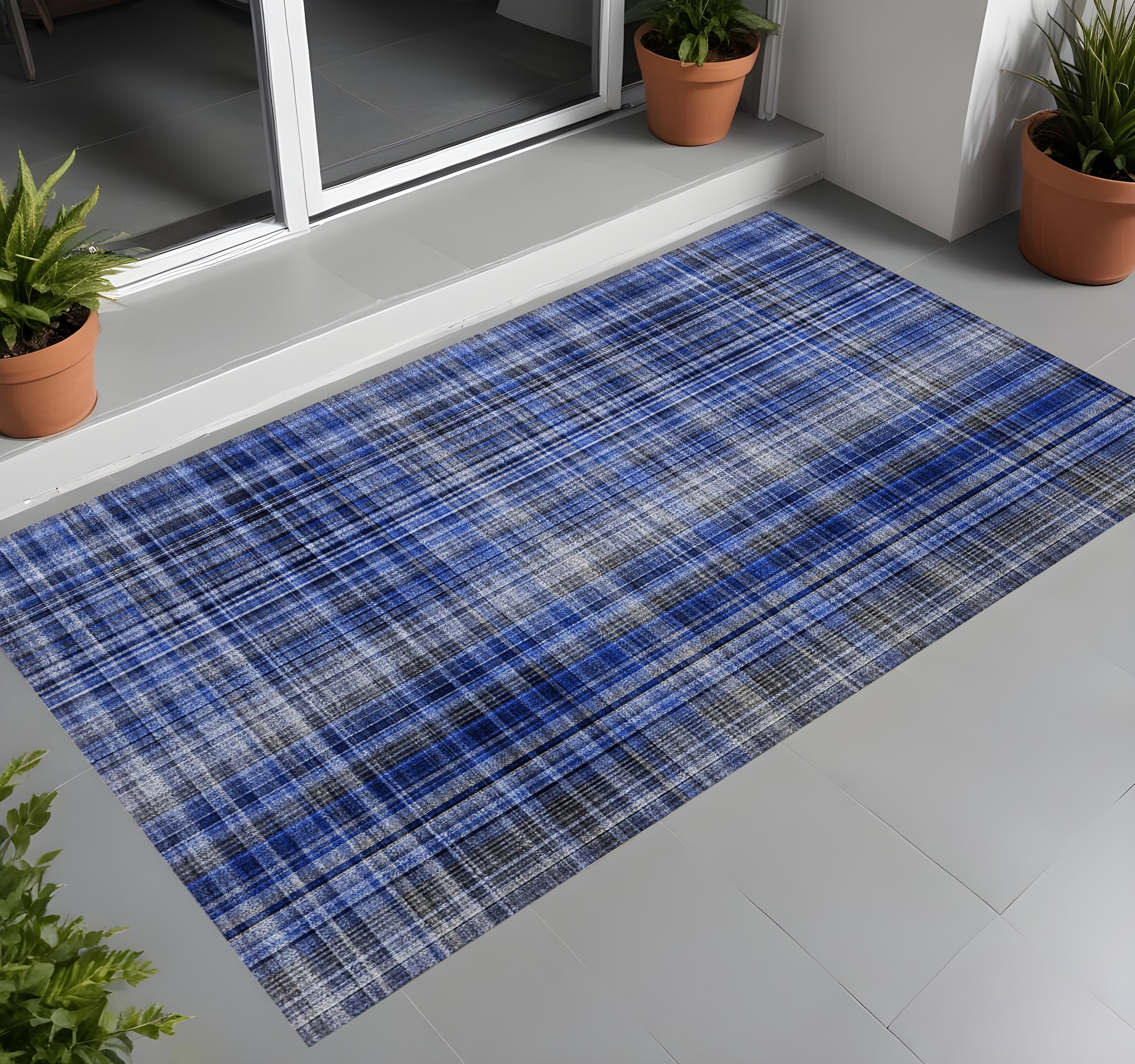 2' X 3' Navy Blue Plaid Washable Non Skid Indoor Outdoor Area Rug-561885-1