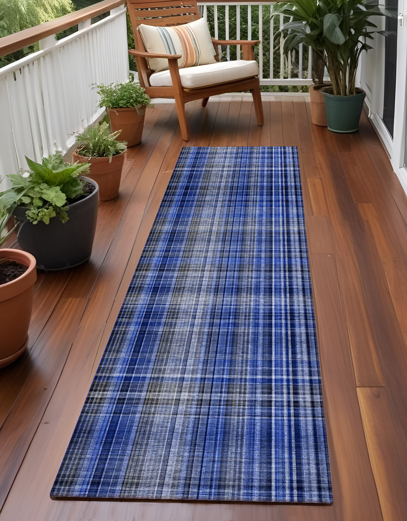 8' Runner Navy Blue Plaid Washable Non Skid Indoor Outdoor Runner Rug-561886-1