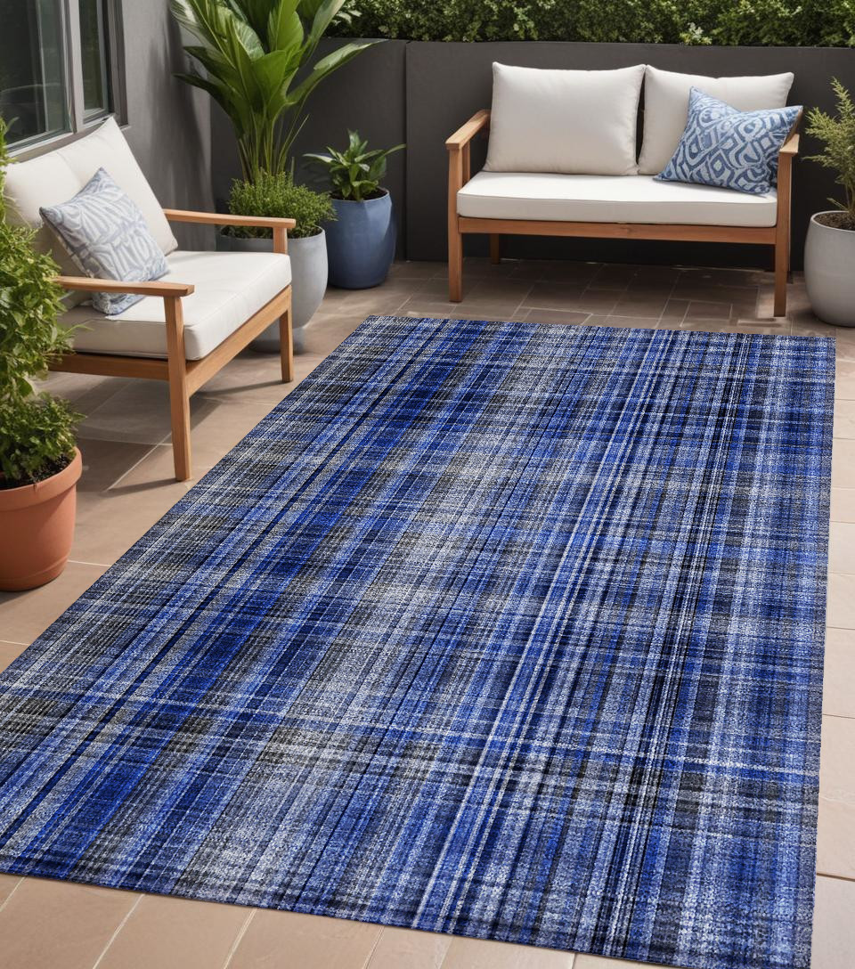 5' X 8' Navy Blue Plaid Washable Non Skid Indoor Outdoor Area Rug-561889-1