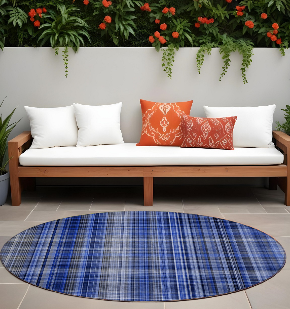 8' Round Navy Blue Round Plaid Washable Non Skid Indoor Outdoor Area Rug-561890-1