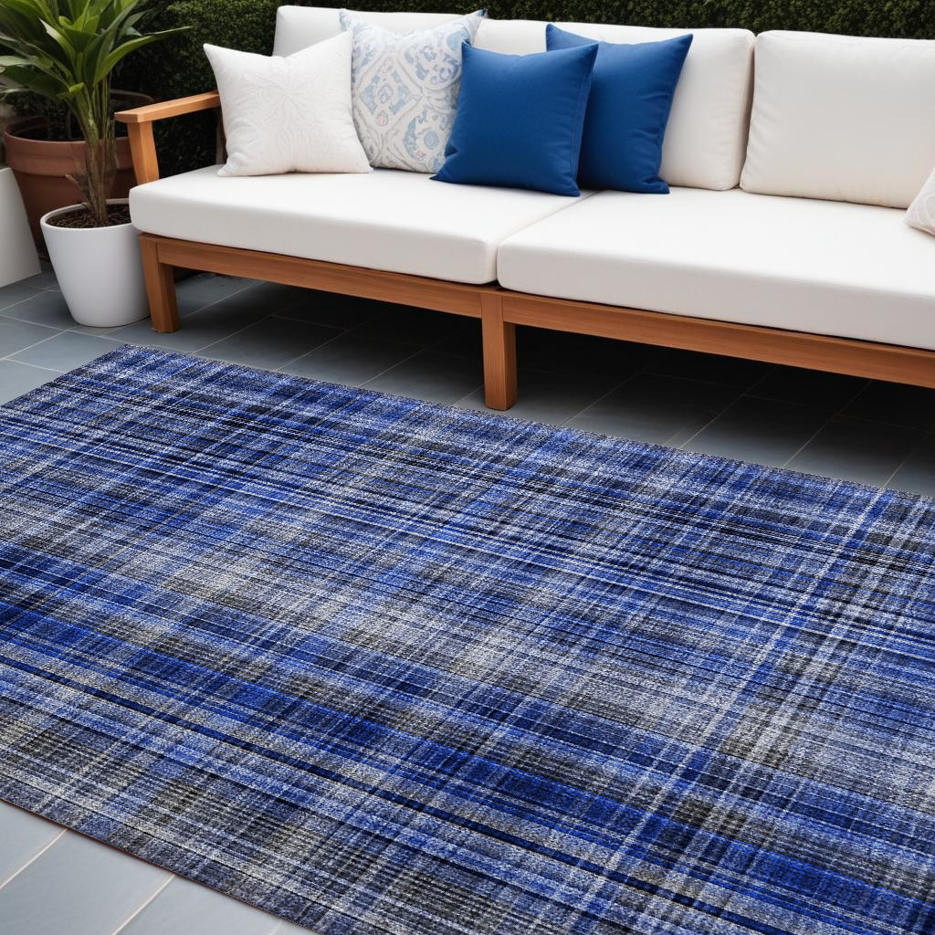 10' X 14' Navy Blue Plaid Washable Non Skid Indoor Outdoor Area Rug-561893-1
