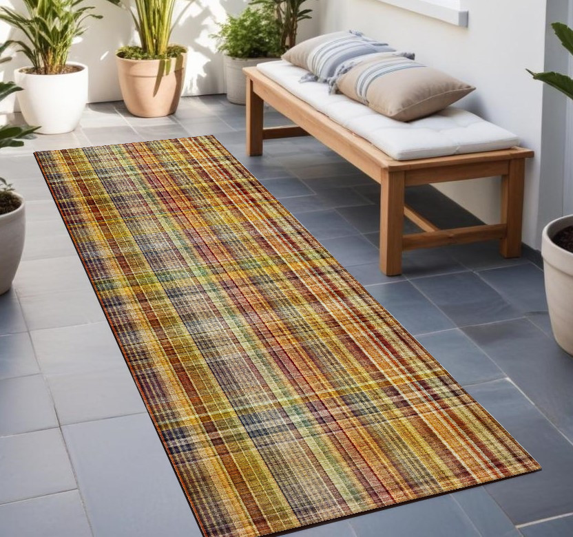 8' Runner Orange Plaid Washable Non Skid Indoor Outdoor Runner Rug-561895-1