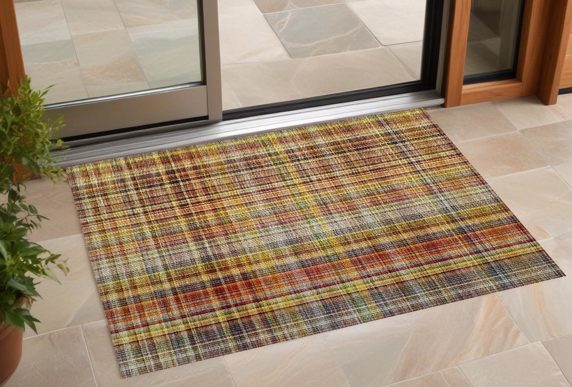 3' X 5' Orange Plaid Washable Non Skid Indoor Outdoor Area Rug-561897-1
