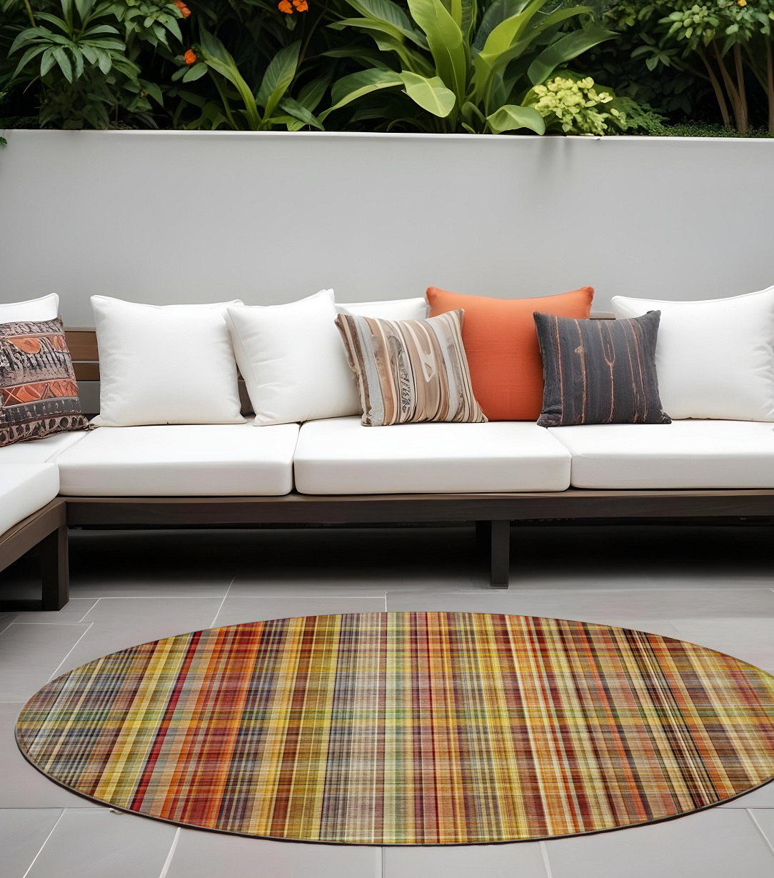 8' Round Orange Round Plaid Washable Non Skid Indoor Outdoor Area Rug-561899-1