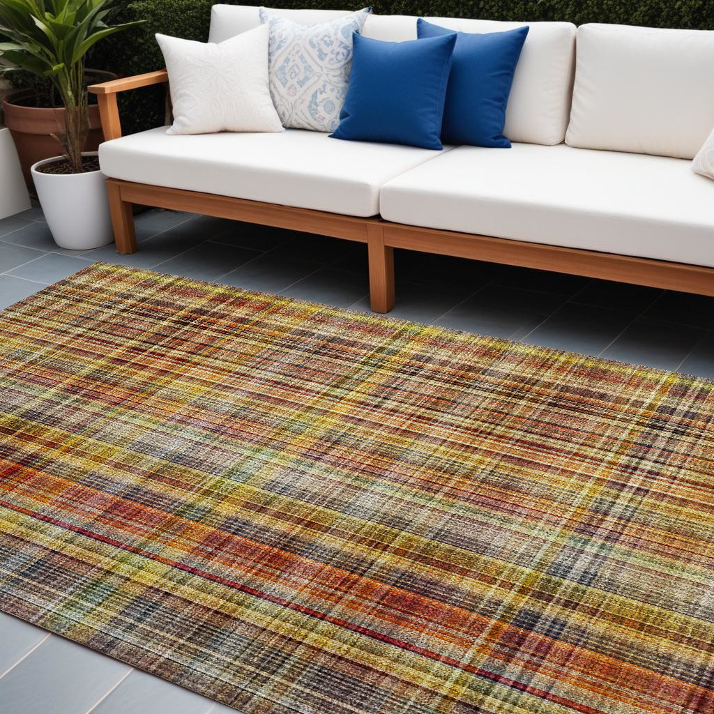 8' X 10' Orange Plaid Washable Non Skid Indoor Outdoor Area Rug-561900-1
