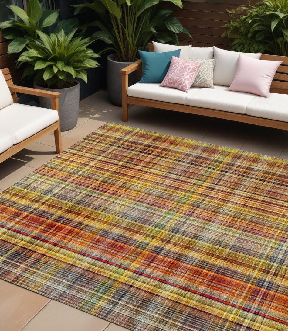9' X 12' Yellow Orange and Brown Plaid Washable Non Skid Indoor Outdoor Area Rug-561901-1