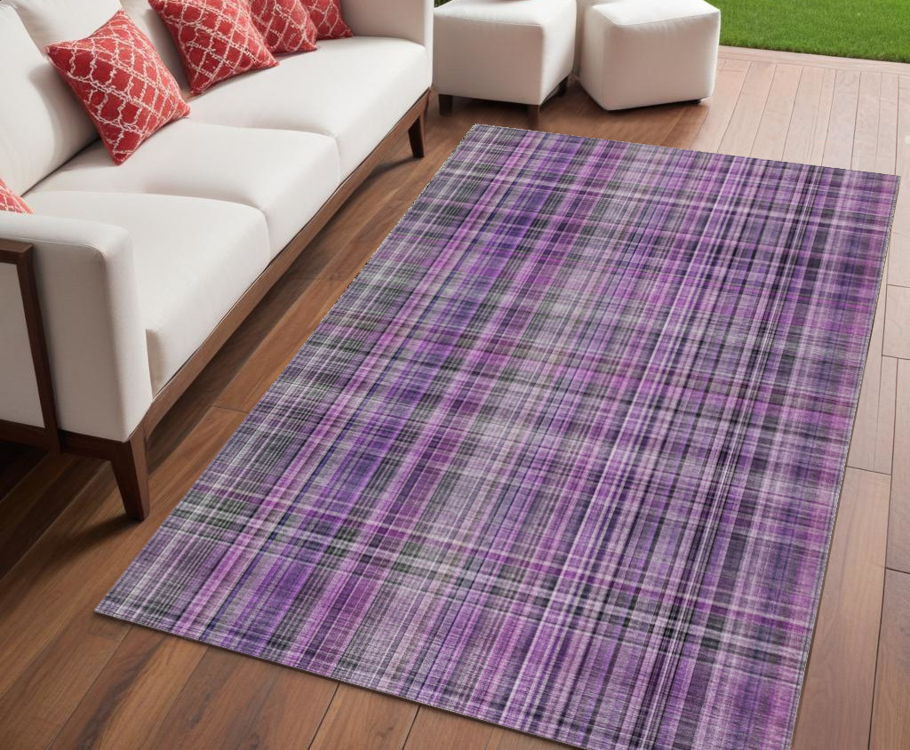 5' X 8' Purple and Gray Plaid Washable Non Skid Indoor Outdoor Area Rug-561907-1