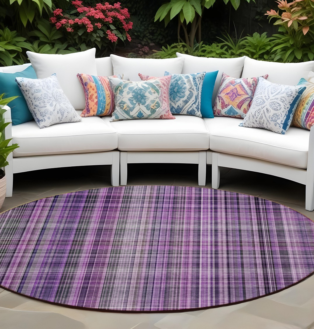8' Round Purple Round Plaid Washable Non Skid Indoor Outdoor Area Rug-561908-1